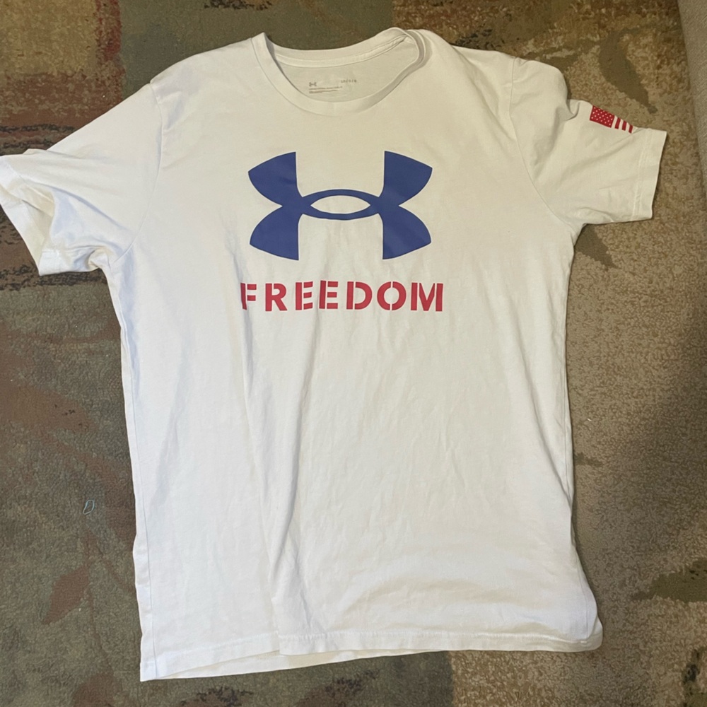 Under Armour White Tee with Blue Logo and Red Text